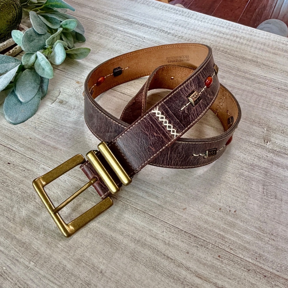 Merona Brown Leather Beaded Embroidered Belt Large T526100 Brass Buckle Uruguay